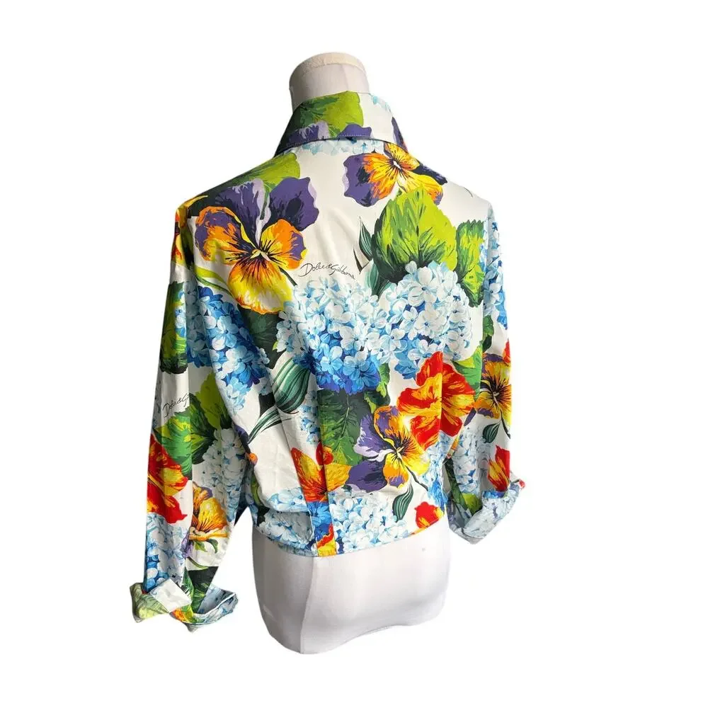 Dolce & Gabbana Tropical Floral Print Shirt Tie Front Hydrangea Size 42
